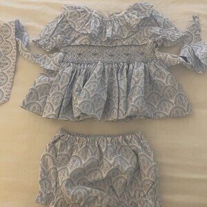 Cecil & Lou Blue and White Damask Smocked Ruffle Diaper Set - 12M
